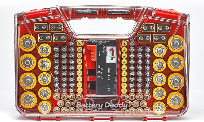 Ontel Battery Daddy Storage & Organizer Case w/Tester, Stores & Protects Up to 180 Batteries, Double-Sided, Clear Locking Lid, Secure Latches & Portable Carrying Handle - Red (Batteries Not Included)