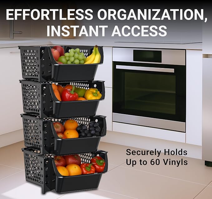 Skywin Stackable Storage Bins Open Front for Pantry Storage, 4 Pack - Black | Sturdy Plastic, Easy Stacking, Breathable & Open Front Design, Pantry Storage for Snacks, Toiletries, and Small Essentials