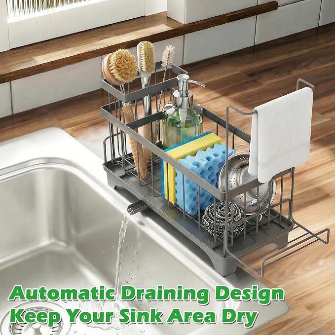 Sponge Holder for Kitchen Sink, Self-Draining Sink Caddy with Detachable Cloth & Dish Brush Rack, Metal Sponge Caddy Organizer for Kitchen Countertop Organizers and Storage Accessories, Gray