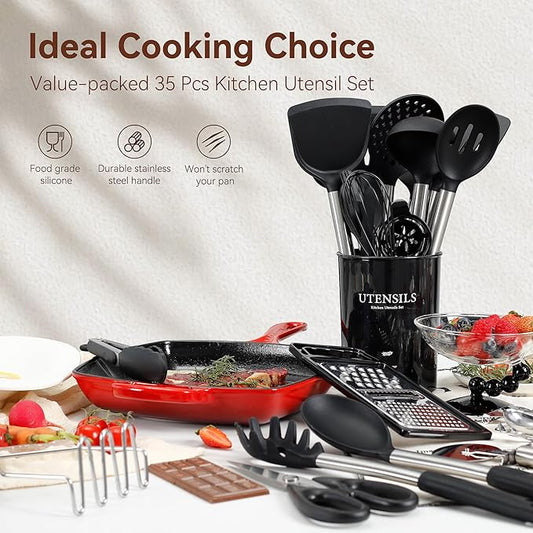 Silicone Cooking Utensils Set, NCUE 35 Pcs Kitchen Utensils Set with Holder, with Stainless Steel Handle Spatula Set, Spoons, Pasta Server, Cheese Grater, Masher, Scissors, Dishwasher Safe (Black)