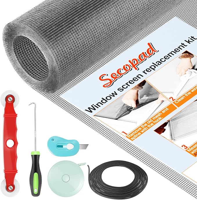 Secopad Window Screen and Screen Door Mesh Repair Kit, Grey, 39in x 78in | Replacement Tools Kit, Easy to Install, Extra Large, Durable Fiberglass, Pet and Kid Friendly, For Window Door Patio & Porch
