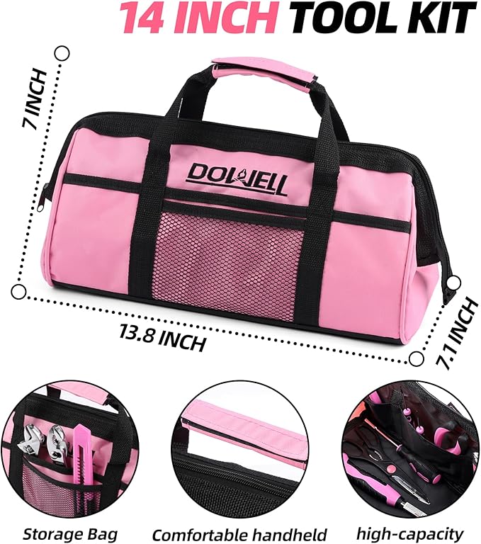 DOWELL 140PCS Pink Tool Kit for Women - Household Essential Tool Set with 14” Storage Bag
