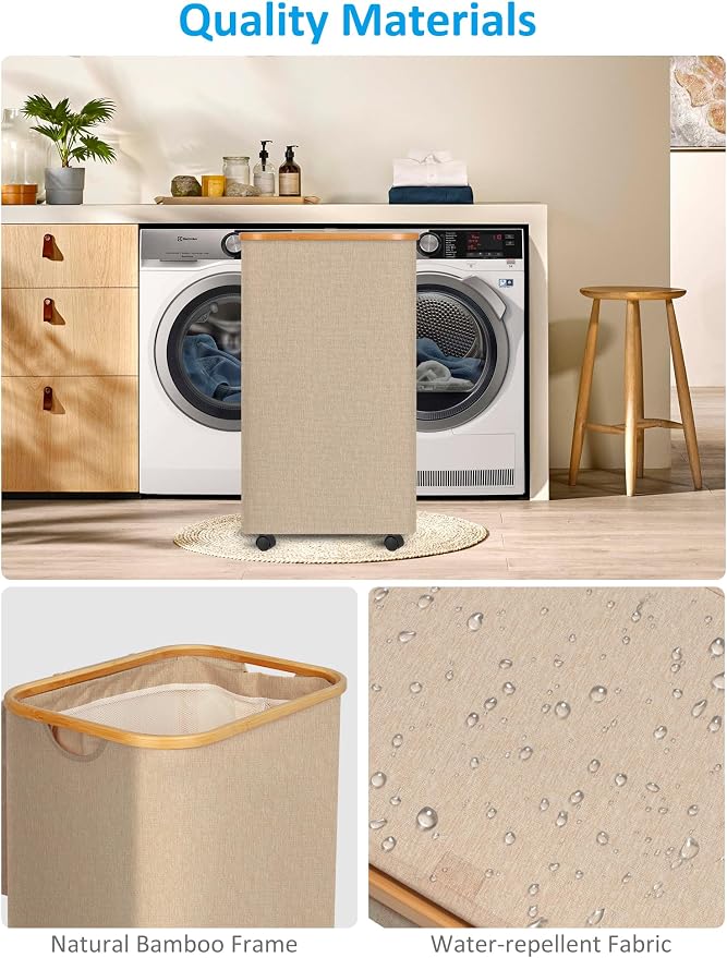 efluky Laundry Basket with Wheels, Tall Rolling Laundry Hamper with Lid and Removable Bag, Aesthetic Dirty Clothes Hamper on Wheels for Laundry Room, Bedroom, Dorm and Bathroom, 100L Oatmeal