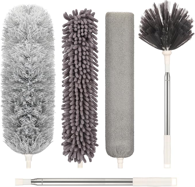 Microfiber Duster with Extension Pole(Stainless Steel) 30 to 100 Inches, Washable Dusters, Reusable Dusters, Bendable Duster for High Ceiling, Cleaning Ceiling Fan, Furniture, Blinds, Cars