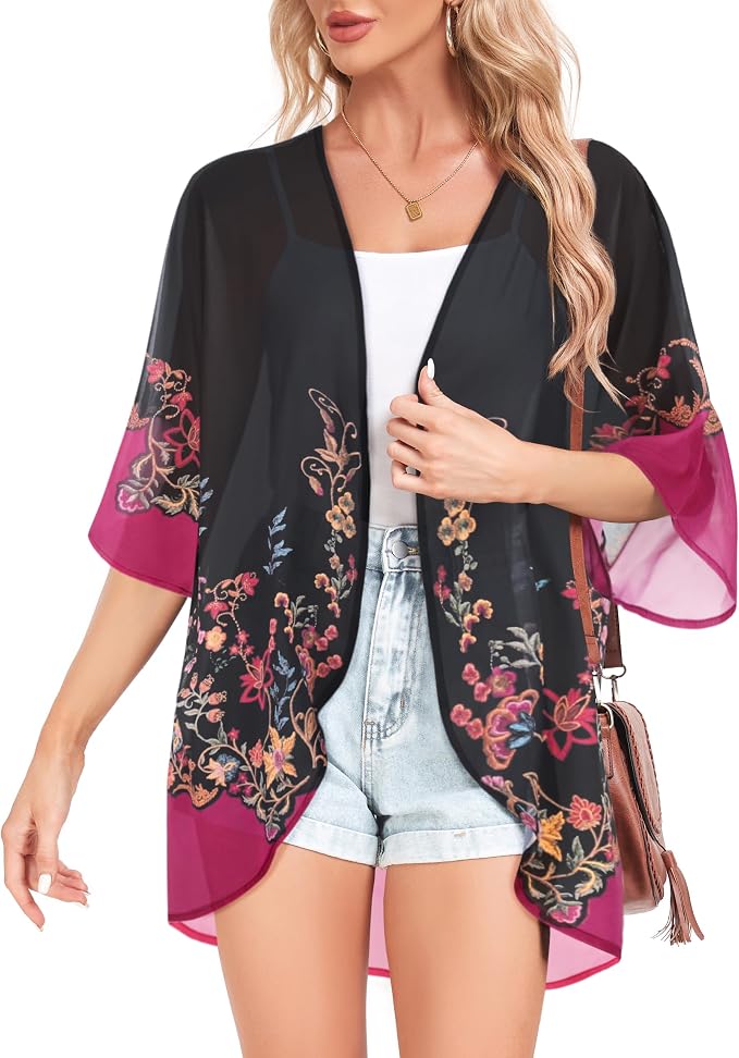 Women Kimono Cardigans Summer Cover Up Hawaiian Shirts Floral Print Tops | ROSEMIA chiffon kimono open front cardigans, beach cover ups, daily casual tops, cruise outfits, summer resort wear