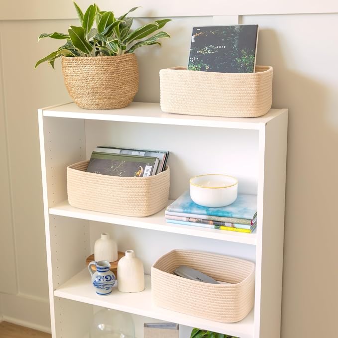 NaturalCozy 13.5”x8.5”x5.5” Storage Baskets for Shelves 3 Pack | Cotton Rope Woven Small Baskets for Organizing | Small Storage Bins for Nursery, Bathroom, Closet, Cube Shelf, Decorative, Gift
