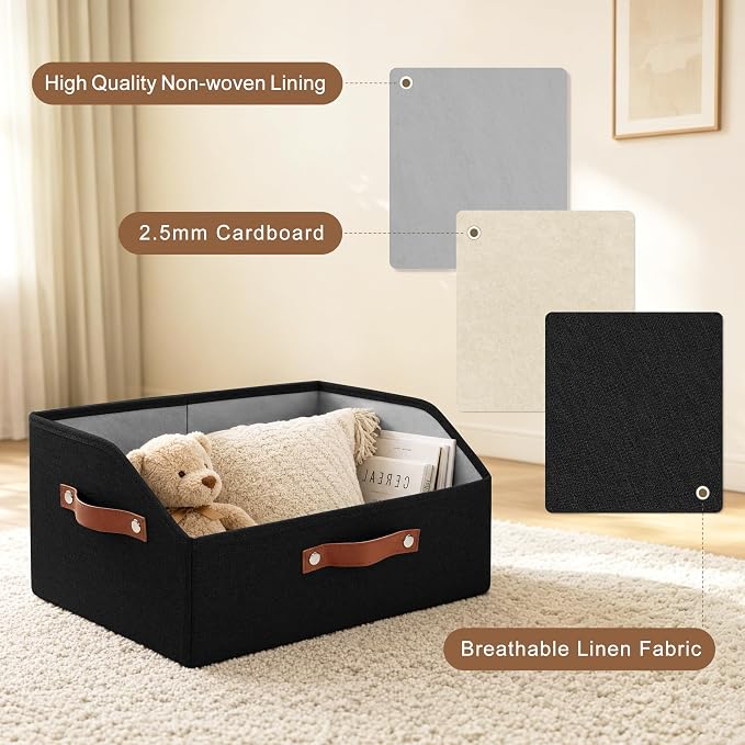 Bagnizer Closet Organizers and Storage, Linen Trapezoid Storage Bins with Handles, Collapsible Shelf Organizer for Blanket, Towel, Clothes, Hats, Purse (Black)