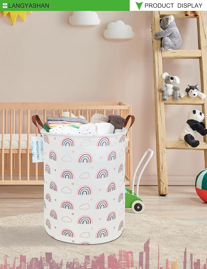 Round Laundry Basket Collapsible Storage Hamper Cloud Rainbow | Waterproof Canvas Foldable Baskets with sturdy Handles Multi-scene Organizer for Home Play Bedroom Gift Bin