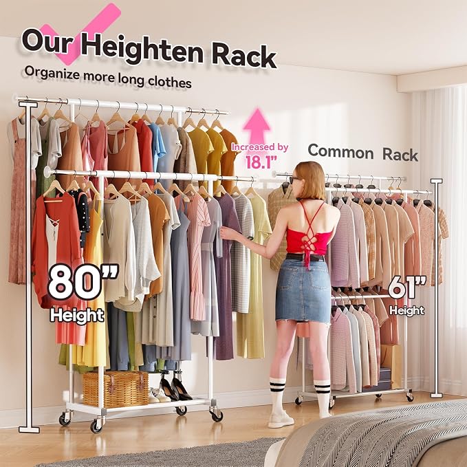 SUFAUY Commercial 80" H Clothes Rack for Hanging Dresses, Extend 50“L Double Rolling Garment Rack on Lockable wheels with Adjustable Rod and Storage Shelves, Load 350 LBS, White