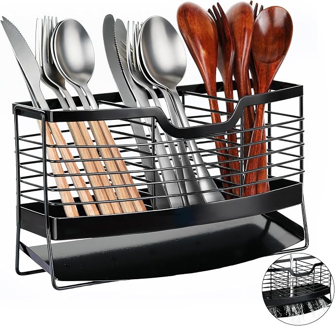 Utensil Holder, Stainless Steel Utensil Drying Rack with Automatic Drain Tray for Kitchen Counter, 3 Compartments Silverware Spoon Holder Cutlery Drainer Sink Caddy, Black