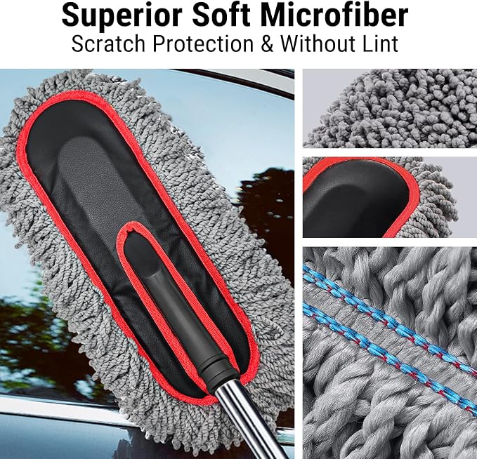 YeewayVeh Car Duster, Scratch-Free Microfiber Cleaning Brush, Gray/Red | Extendable Handle Pollen & Dust Remover for Truck, SUV, Vehicles & Home