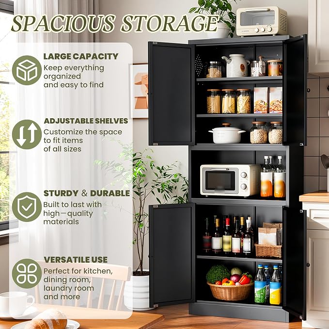 AQY Kitchen Pantry Cabinet,72" Black Pantry Cabinet 3-Tier Adjustable Shelves 4 Doors, Freestanding Cupboard with Microwave Stand, Metal Cabinet with Handle for Living Room Kitchen Assembly Required