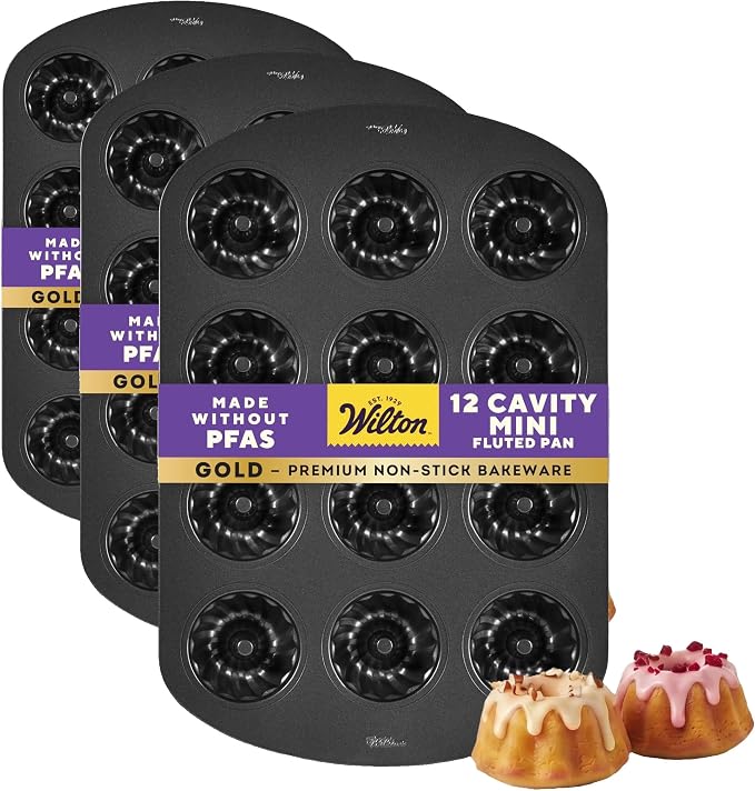 Wilton Gold Premium Non-Stick Warp-Resistant Bakeware, Made without PFAs, Mini Fluted Tube Pan,12- Cavity, 16.5 x 11.2 in, Packaging May Vary (Pack of 3)