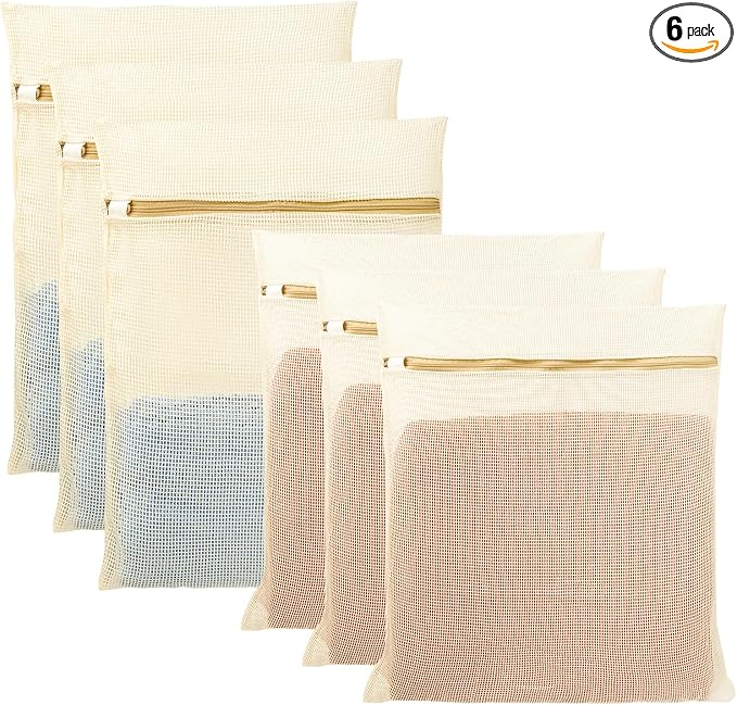 6Pcs Organic Cotton Mesh Laundry Bags for Delicates, Durable Mesh Wash Bags, Sturdy Zipper Laundry Bag for Underwear, Clothes, Shoes, Socks, (3 Large, 3 Medium)
