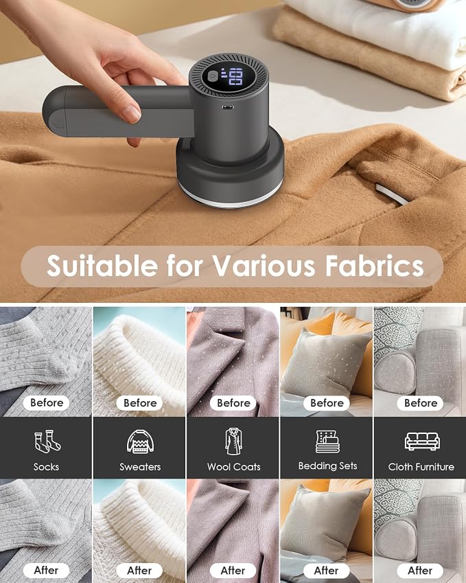 HOMEASY Fabric Shaver, Rechargeable Lint Remover for Clothes Grey | Electric sweater shaver and depiller with 70mm head, 6-leaf blades, LED battery display and Type-C charging for Furniture