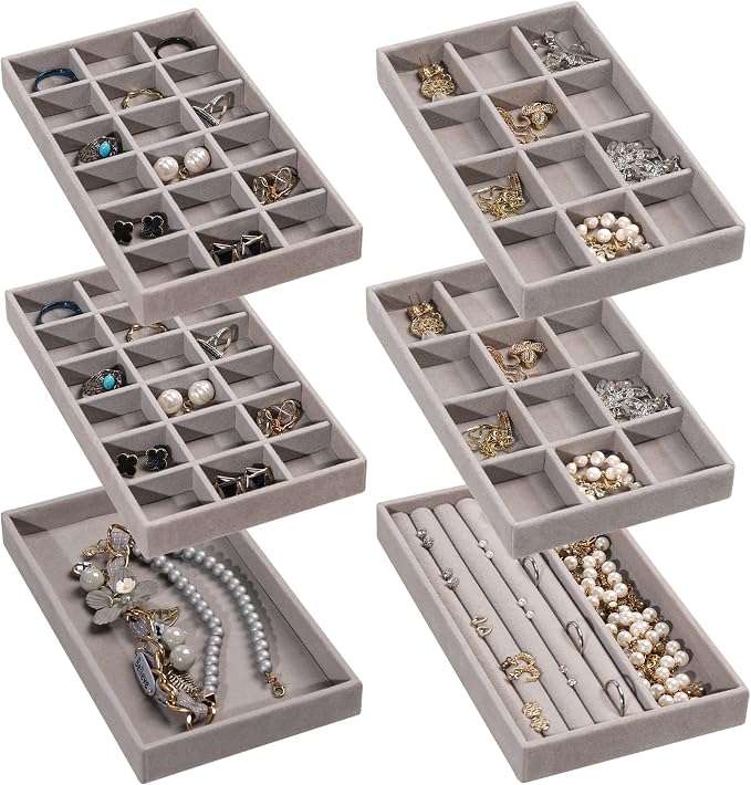 Frebeauty Jewelry Trays for Drawer,Set of 6 Jewelry Organizer and Storage | Velvet Material,Earring Holder Organizer,Stackable Jewelry Display for Vanity,Drawer Inserts for Rings,Studs,8.3×4.9 inch