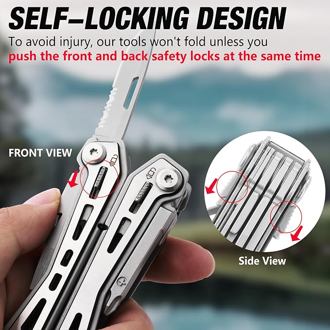FLISSA 16-In-1 Multi Tool, EDC Multitool, Silver | Gift for Men, Stainless Steel, Pocket Knife, Pliers, Belt Clip, Oxford Sheath, Safety Locking, For Camping, Outdoor
