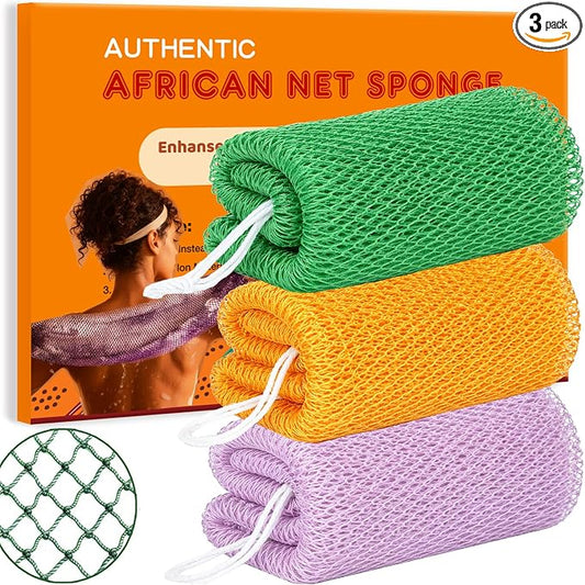 African Net Sponge Authentic Exfoliating Washcloth Body Back Scrubber 3 Pcs | 46 Inch Shower Loofah Exfoliating Bath Sponge for Women and Men Daily Use Body Care Travel Portable Accessories Spa Gifts