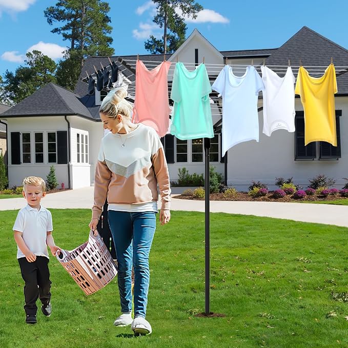 165 Feet Rotary Outdoor Umbrella Clothesline Aluminum 4 Arm Drying Rack | Steel Post Adjustable Height Retractable 12-Line Laundry Rack for Backyard Use