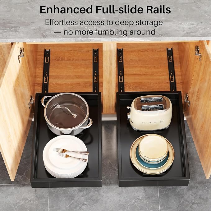 Kitstorack 2Pack Pull out Cabinet Organizer, 21" Deep, Heavy Duty Full-extension Slide out Drawers for Kitchen Cabinet, Roll out Shelf Storage with Nano Adhesive for Pots, Bathroom, Pantry,Home,Black