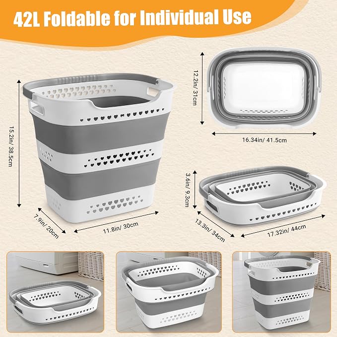 2 Pcs 42L Collapsible Laundry Baskets- Foldable Laundry Basket with Handles, Sturdy Plastic Pop Up Laundry Hamper, Space Saving Storage Container for Wet/Dry Use, Ideal for Home, Dorm, Apartment Grey