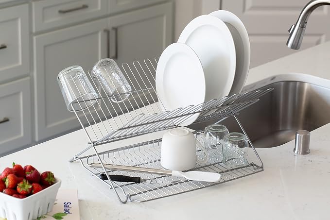 Better Houseware Folding Dish Drying Rack, Space-Saving Countertop Dish Drainer, Coated Steel, Holds 23 Plates, Collapsible Kitchen Drying Rack, Metallic Silver