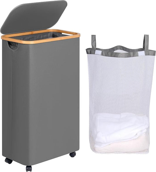efluky Slim Laundry Basket with Wheels, Tall Rolling Laundry Hamper with Lid and Removable Bag, Aesthetic Dirty Clothes Hamper on Wheels for Laundry Room, Bedroom, Dorm and Bathroom,75L Grey