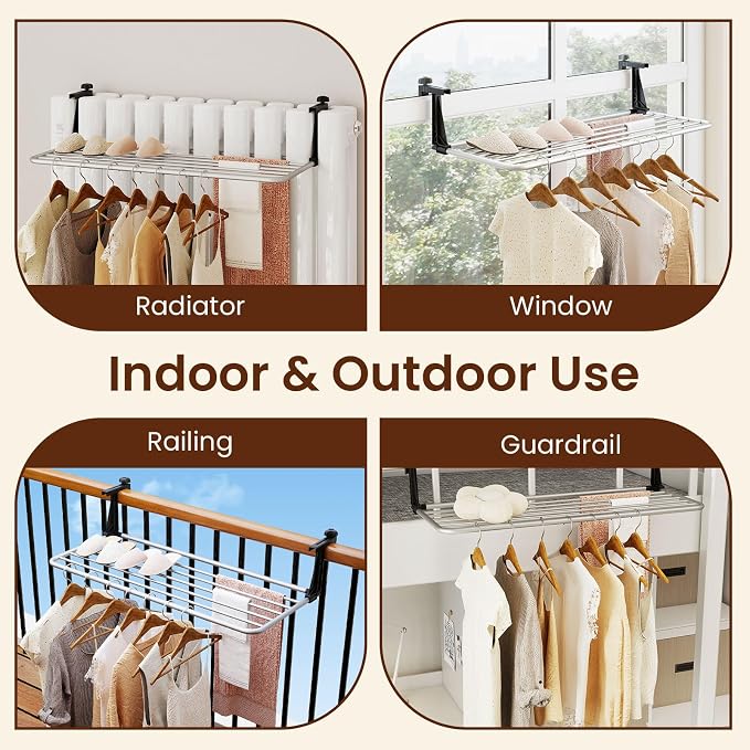 Giantex Portable Clothes Drying Rack, Aluminum Hanging Laundry Rack with Adjustable and Foldable Brackets, Radiator Airer, Indoor Outdoor Towel Rack for Balcony Railings, Windowsill (37" L)
