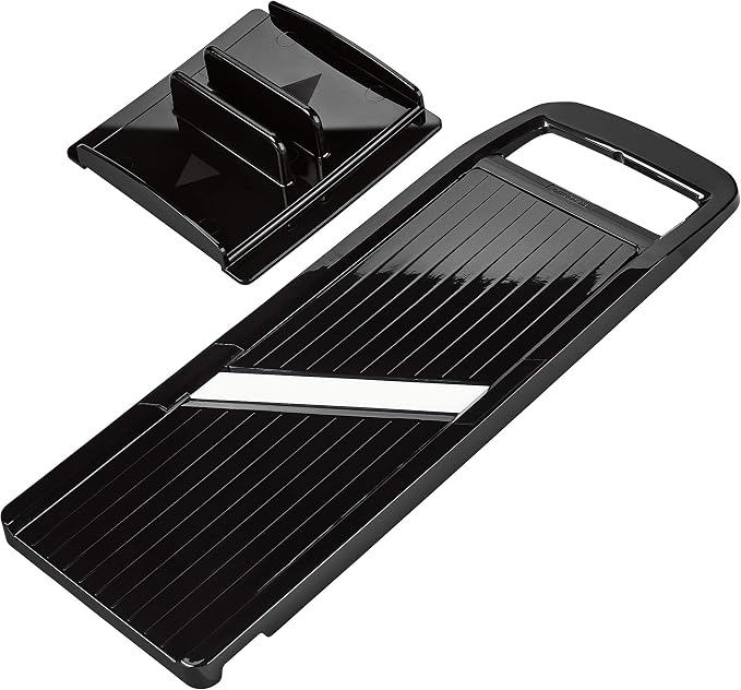 Kyocera Advanced Ceramic Wide Adjustable Slicer with Handguard, Black | KYOCERA Wide Adjustable Mandoline Slicer: 4-Inch Angled Ceramic Blade, 4 Thickness Settings, and Secure Safety Handguard