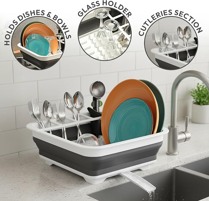 Masirs Pop-Up Collapsible Dish Drying Rack - Convenient Storage - Drains into Sink - Eight Large Plate Capacity - Sectional Cutlery and Utensil Compartment - Compact & Portable Design (12 x 14.4 Inch)