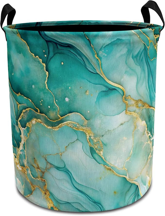 Turquoise and Gold Modern Abstract Laundry Basket with Handles, Luxury Marble Contemporary Collapsible Waterproof Laundry Hamper Clothes Storage Basket for Bedroom Bathroom Home