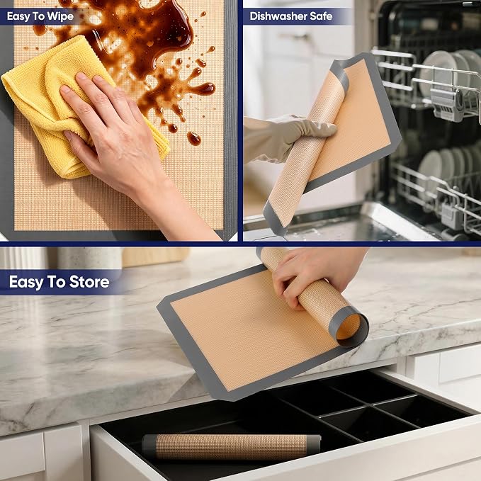 E-far Mini Silicone Baking Mat, 2-Pack Nonstick Reusable Silicone Mats for Toaster Oven Pan Baking Cookie, Fit 7”x9” Rectangle Sheet Tray for Bacon, Food Grade & Heat-Resistant & Dishwasher Safe, Gray