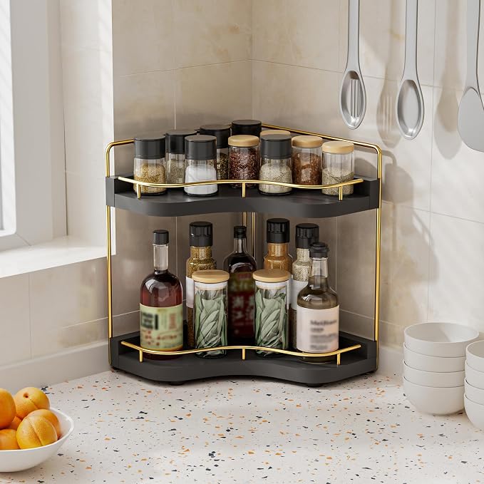2-Tier Corner Bathroom Counter Organizer, Larger Size | Embedded Screw Holes, Sturdy & Stable, Oversized, Holds More, Vanity Shelf for Makeup & Skincare, Black Gold