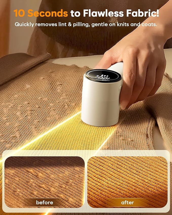Fabric Shaver, Lint Remover Rechargeable,6-Blade Lint Remover | LCD Display & 3 Speeds, Portable for Clothes, Sweaters, Couches, Blankets, Includes 3 Replacement Blades, Pearl white