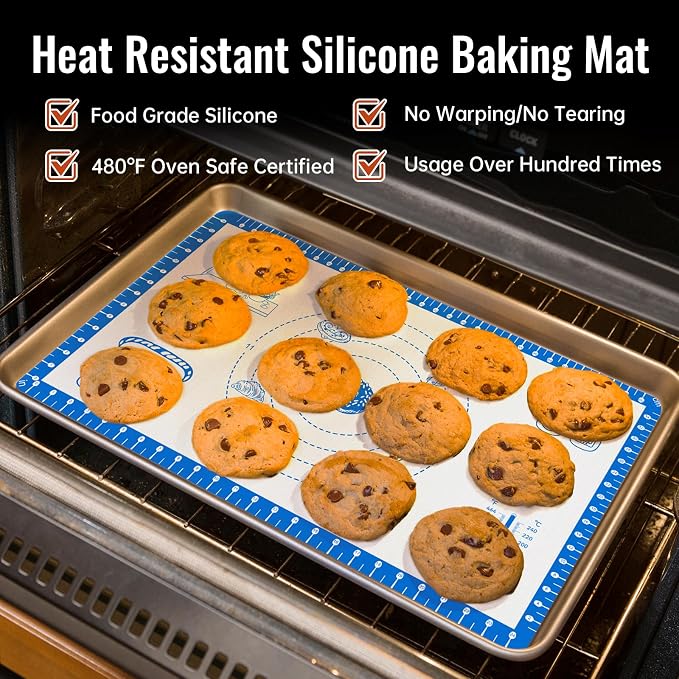 Non Stick Silicone Pastry Mat for Dough Rolling,Silicone Baking Mat with Measurement for Baking Pie Crust, Pizza & Cookies, Baking Sheet With 10 Recipes 480°F Oven Safe