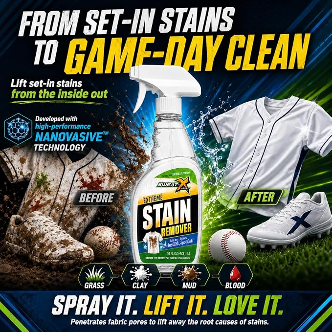 Sweat X Extreme Stain Remover Spray for Clothes, 16 fl oz, 2 Pack | Professional Spot Treater for Performance Fabrics and Activewear, Safe for All Fabric Types, Powerful Non Toxic Formula