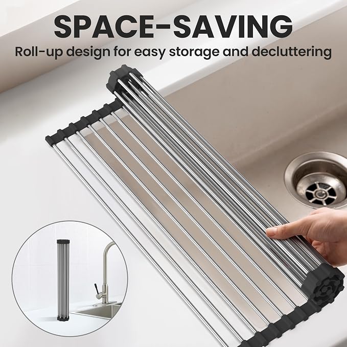 Roll Up Dish Drying Rack, Over The Sink Roll Up Drying Rack for Kitchen,17" L x 15.7" W, Black