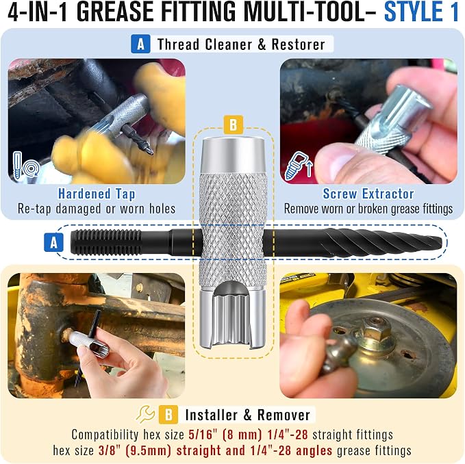 Dreyoo Complete Grease Fitting Replacement Kit, Grease Gun Zerk Fitting Tool & SAE and Metric Zerks & Multi-Tools & Protective caps, Removal Cleaning Tools Assortment