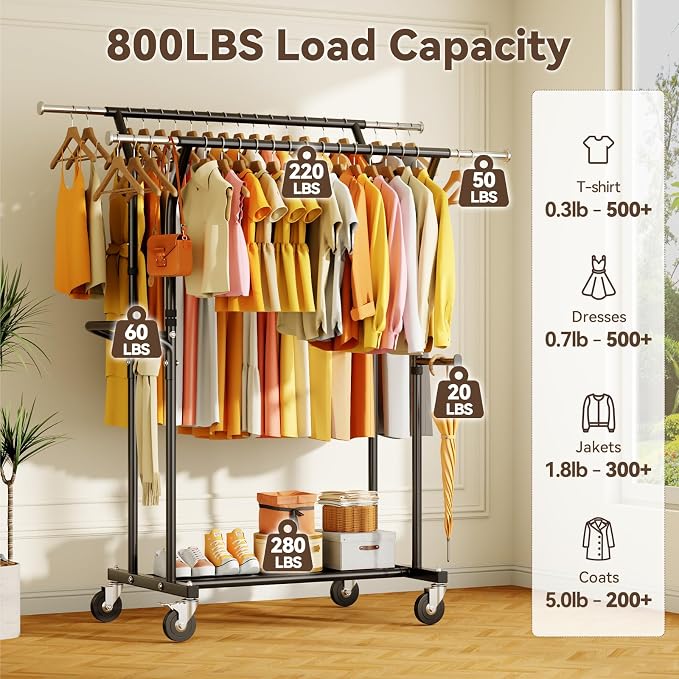 800LBS Heavy Duty Clothes Rack: Rolling Clothing Rack for Hanging Coat Double Rods Portable Wardrobe Garment Racks with Wheels Shelf Sturdy Metal Adjustable Bedroom Laundry Living Room (Brown)