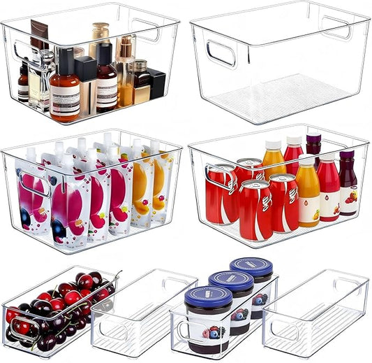 SKTEET Set of 8 Clear Plastic Storage Bins, 4 Large and 4 Small Stackable Storage Containers for Pantry Organization and Kitchen Storage Bins,Home Edit and Cabinet Organizers