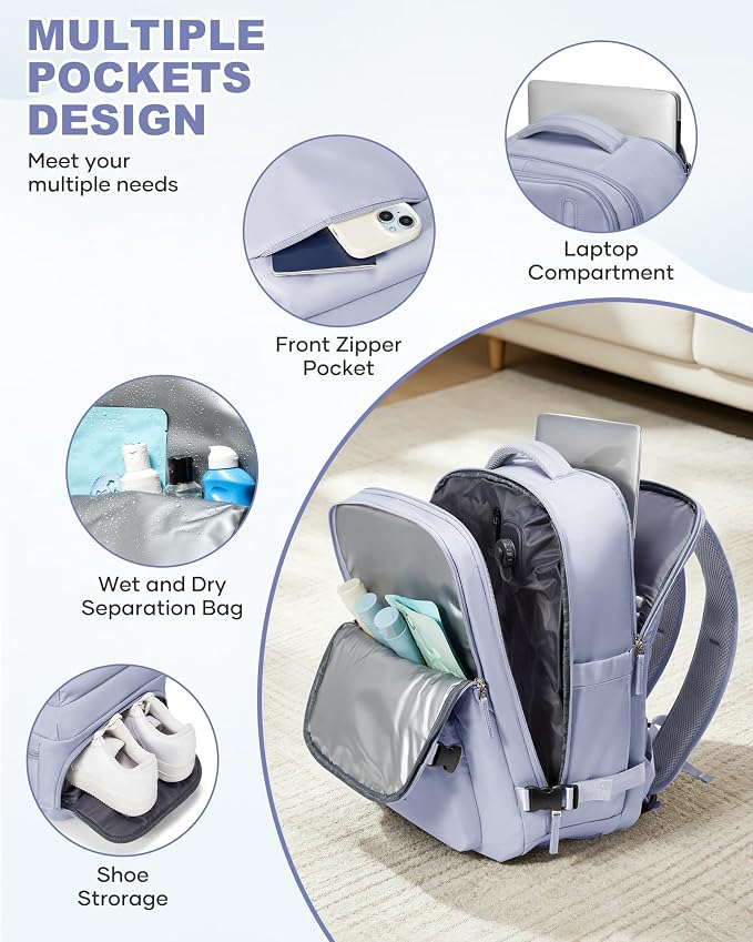 WONHOX Vacuum Seal Backpack for Travel with Air Pump 18x14x8 inches Vacpack Carry on Flight Approved Compression Daypack Laptop Space Saver Bag Storage with Vacuum System Travel Bags Women TaroPurple