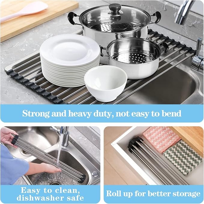 Seropy Roll Up Dish Drying Rack Over the Sink Drying Rack for Kitchen, Folding Dish Rack Over Sink Mat, Stainless Steel Dish Drainer Rack Kitchen Organizer Accessories Black 17"x11.8"