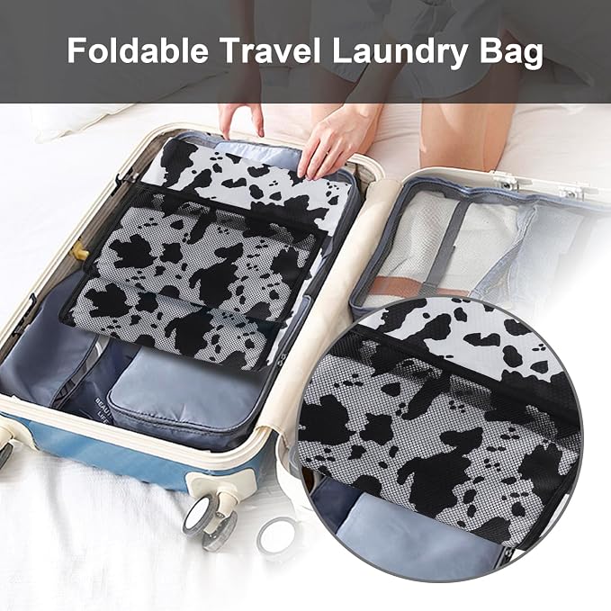 Laundry Bag Backpack Durable Laundry Bag with Shoulder Straps and Mesh Pockets Portable Laundry Hamper Dirty Clothes Bag for College, Travel, Laundromat, Apartment (Cow Print)