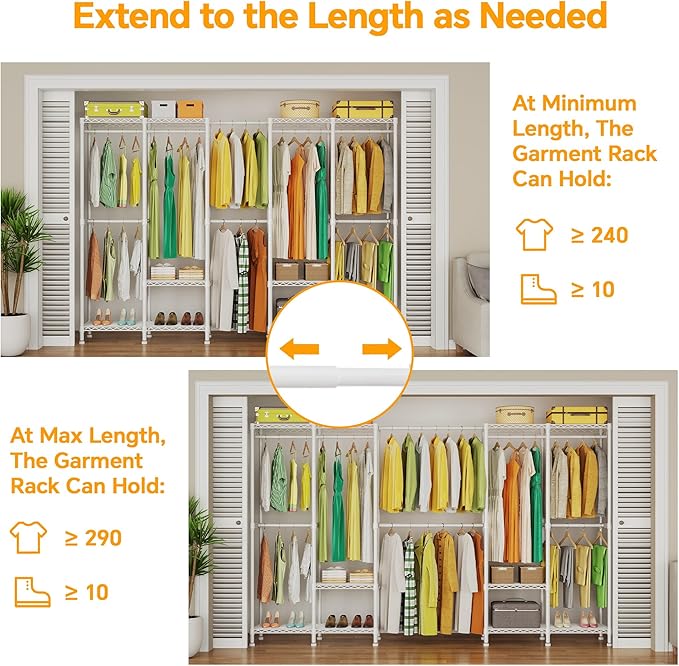 Higeego H5 Pro Heavy Duty Clothes Rack Wardrobe Closet for Hanging Clothes, Freestanding Garment Rack with Expandable Hanger Rods, Closet Organizer and Storage, (97.7-115.4")L x 15.7"W x 75.4"H, White