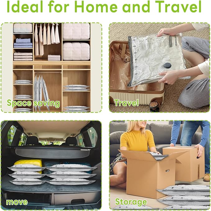 12 Pack Vacuum Bags for Travel with USB Pump,Cordless Travel Vacuum Bag Set for Luggage and Suitcase,Portable Space Saver Storage Seal Packing Bags for Clothing