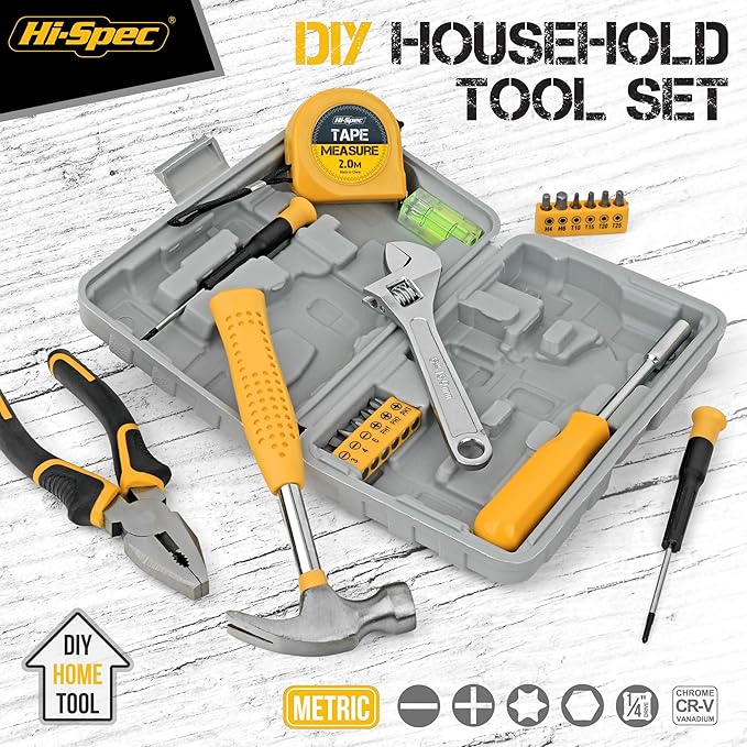 Hi-Spec Tool Kit Yellow 20pc. Small Tool Kit for Home DIY & Office Repairs. Compact and Lightweight Essential Tools in a Portable Book-Sized case.