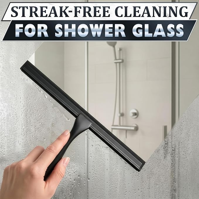 10 Inch Shower Door Squeegee - Black Shower Squeegee for Streak-Free Bathroom Glass - Stainless Steel Cleaner with Silicone Blade, Adhesive & Hanging Hooks for Mirror, Tile, Window, Car, Everyday Use