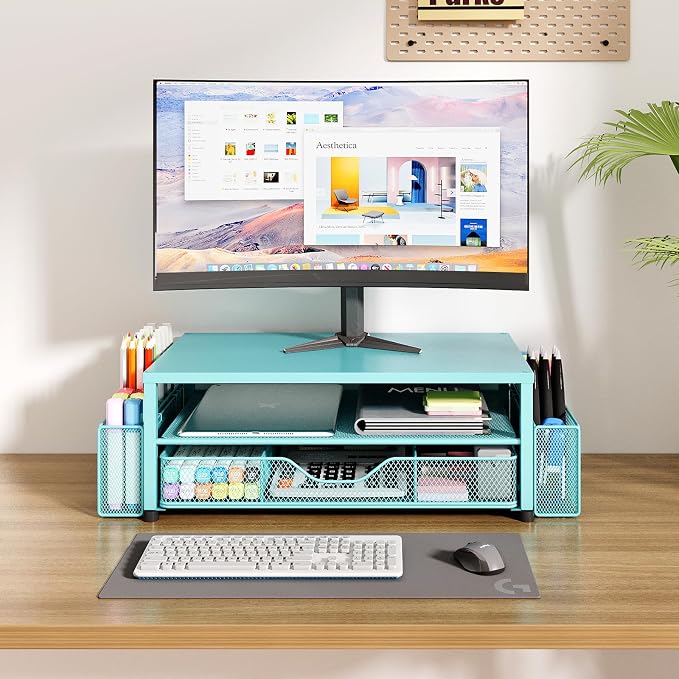 OPNICE Desk Organizer and Accessories, 2-Tier Computer Monitor Stand Riser with Drawer and 2 Pen Holders, Laptop Stand, Office Desk Accessories for Office Supplies, 1 Pack, Teal Blue