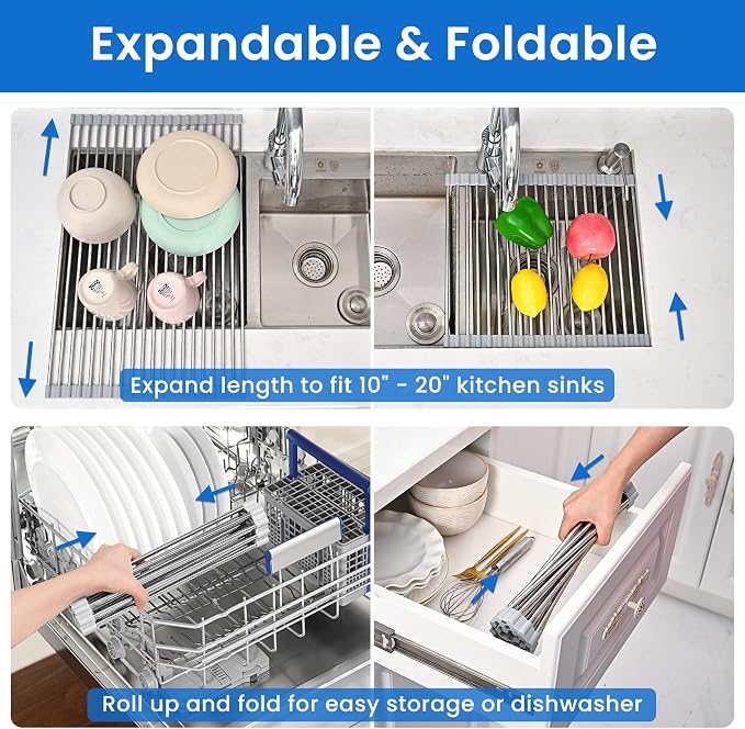 304 Stainless Steel Roll Up Dish Drying Rack | Adjustable Over The Sink Dish Drying Rack for Kitchen, 10"-20" Foldable Dish Rack for Drying Dishes & Draining Items