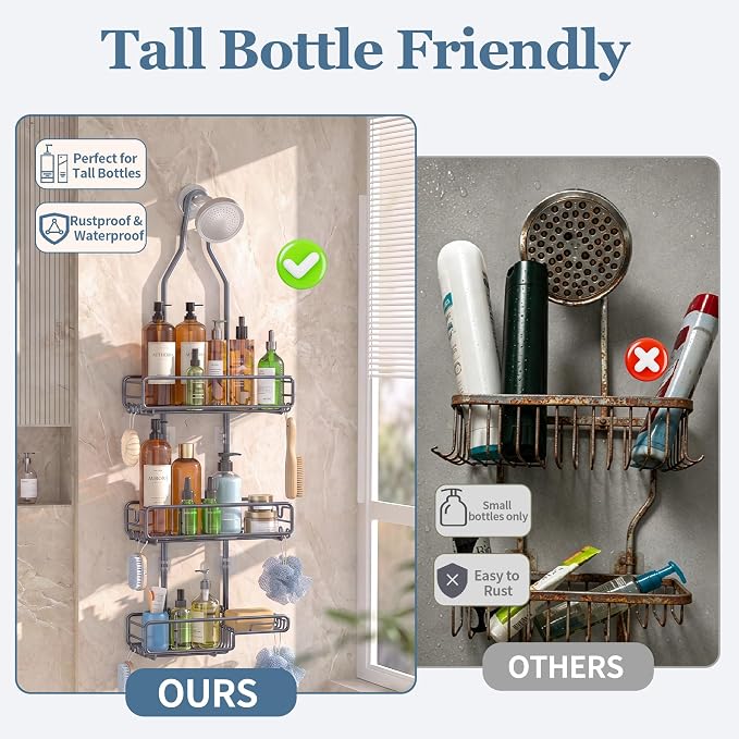 Skyapex Shower Caddy Hanging Bathroom Organizer: Over Head Adjustable Rack for Tall Showerhead - Extra Large Storage Shelf for Big Shampoo Bottles with Soap Holder (Grey)